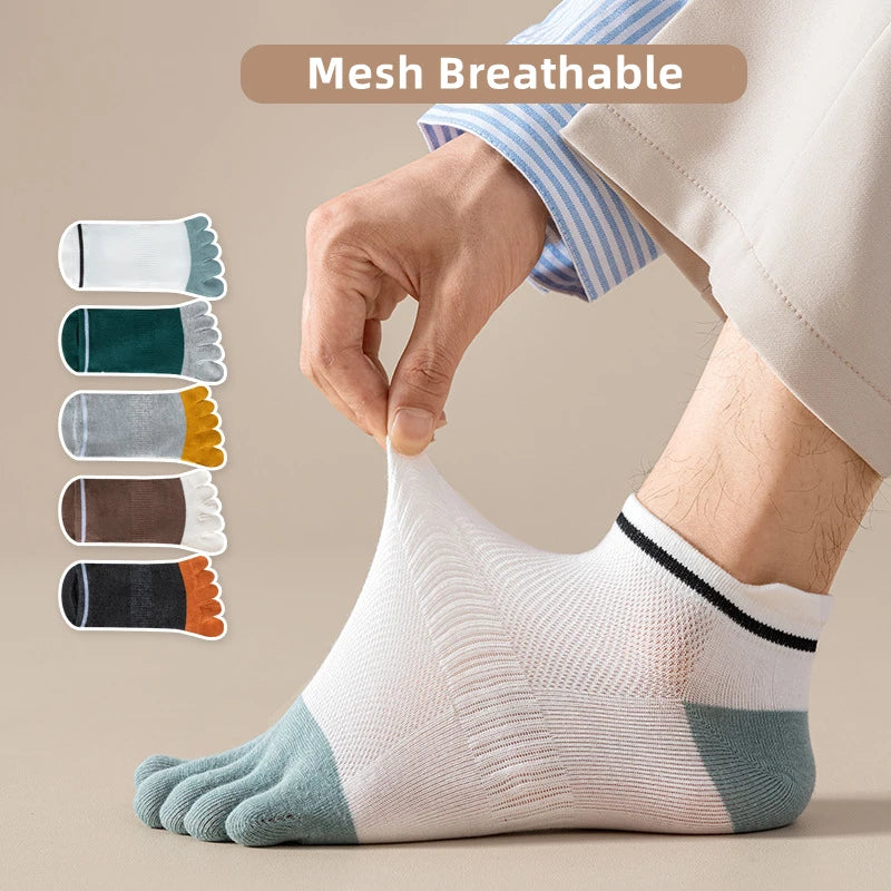 5 Pairs Man Toe Boat Socks Summer Cotton Mesh Breathable Sweat-Absorbing Patchwork Striped Elastic Ankle 5 Finger Sport Socks